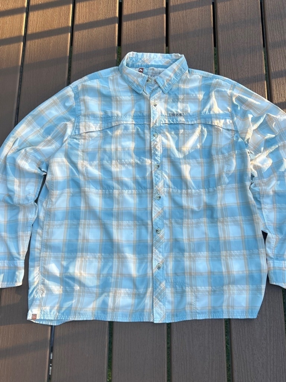 Simms Light Blue and White Plaid Fishing Shirt. Men's XL